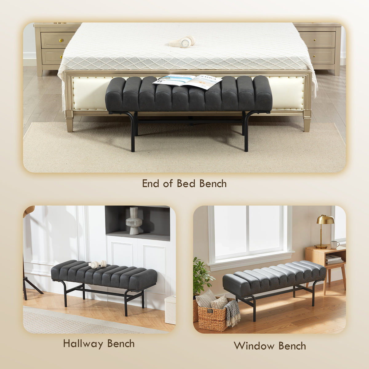 Bedroom Bench PU Leather End of Bed Bench with Cylindrical Seat and Metal Legs for Bedroom Living Room – view 5