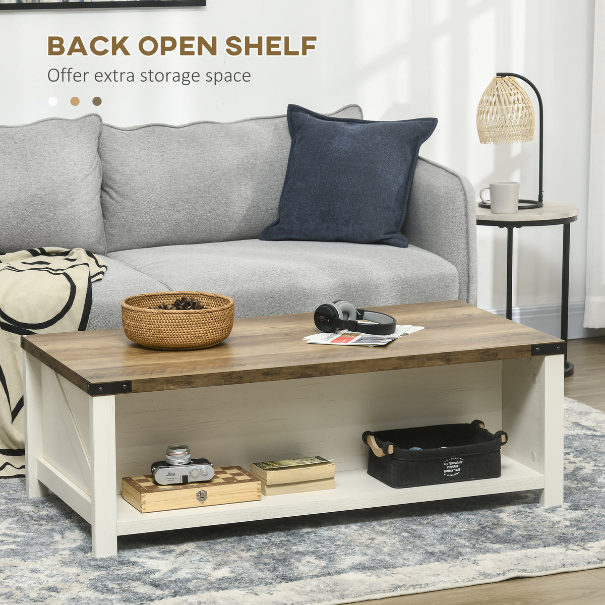 Industrial Coffee Table Side End Table with Drawer, Open Storage Shelf, Modern Farmhouse Furniture, for Living Room, Dining Room, Office, Brown