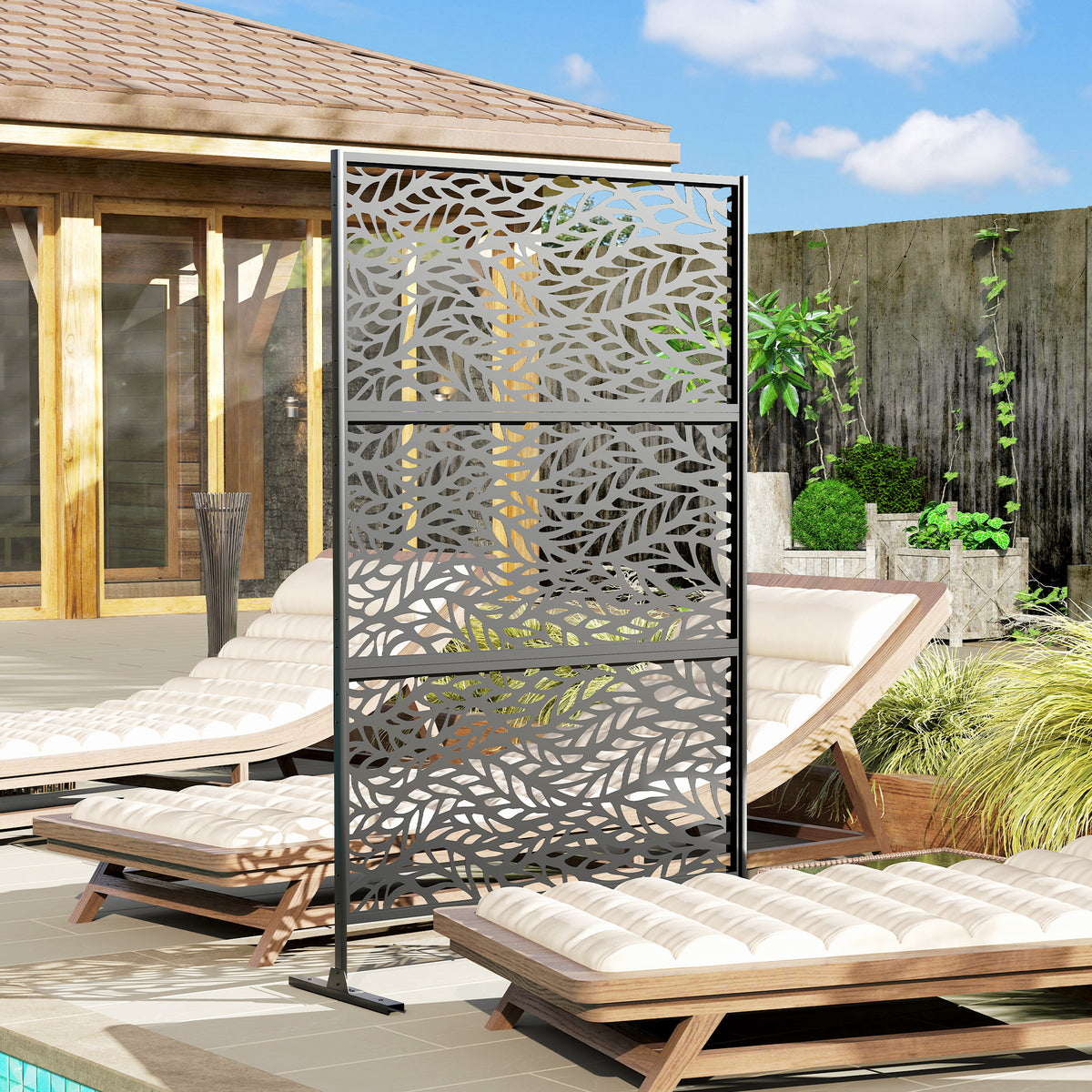 Metal Outdoor Privacy Screen, Freestanding Outdoor Divider with Stand, 78" x 48", Black