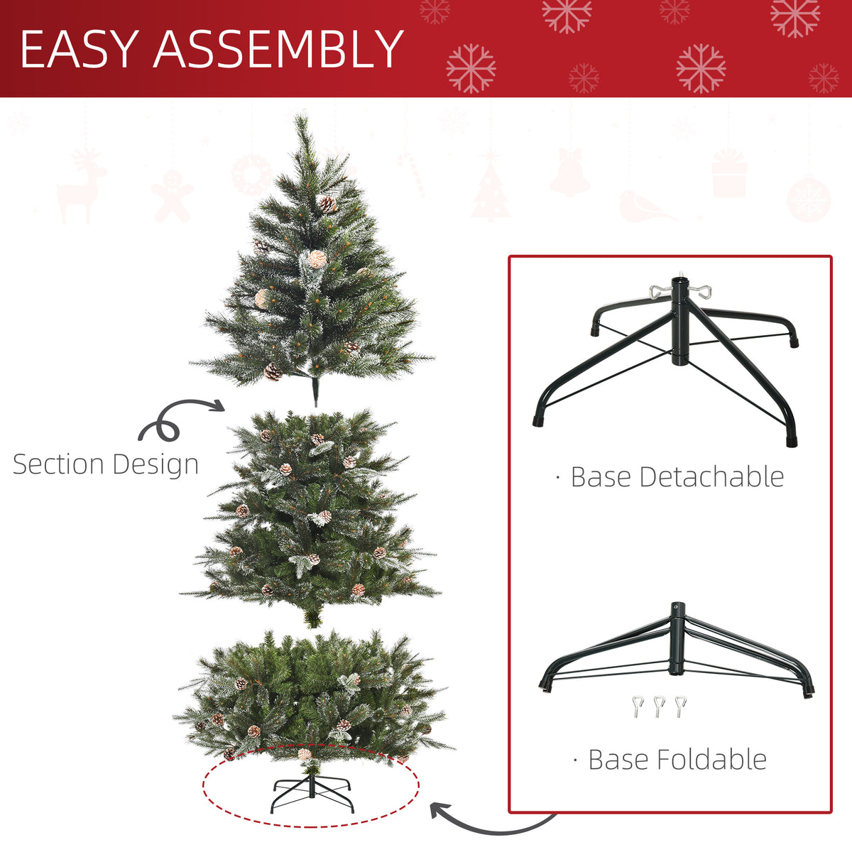 HOMCM 6FT Artificial Christmas Snow Pine Tree Holiday Home Xmas Decoration with Automatic Open, Pinecone