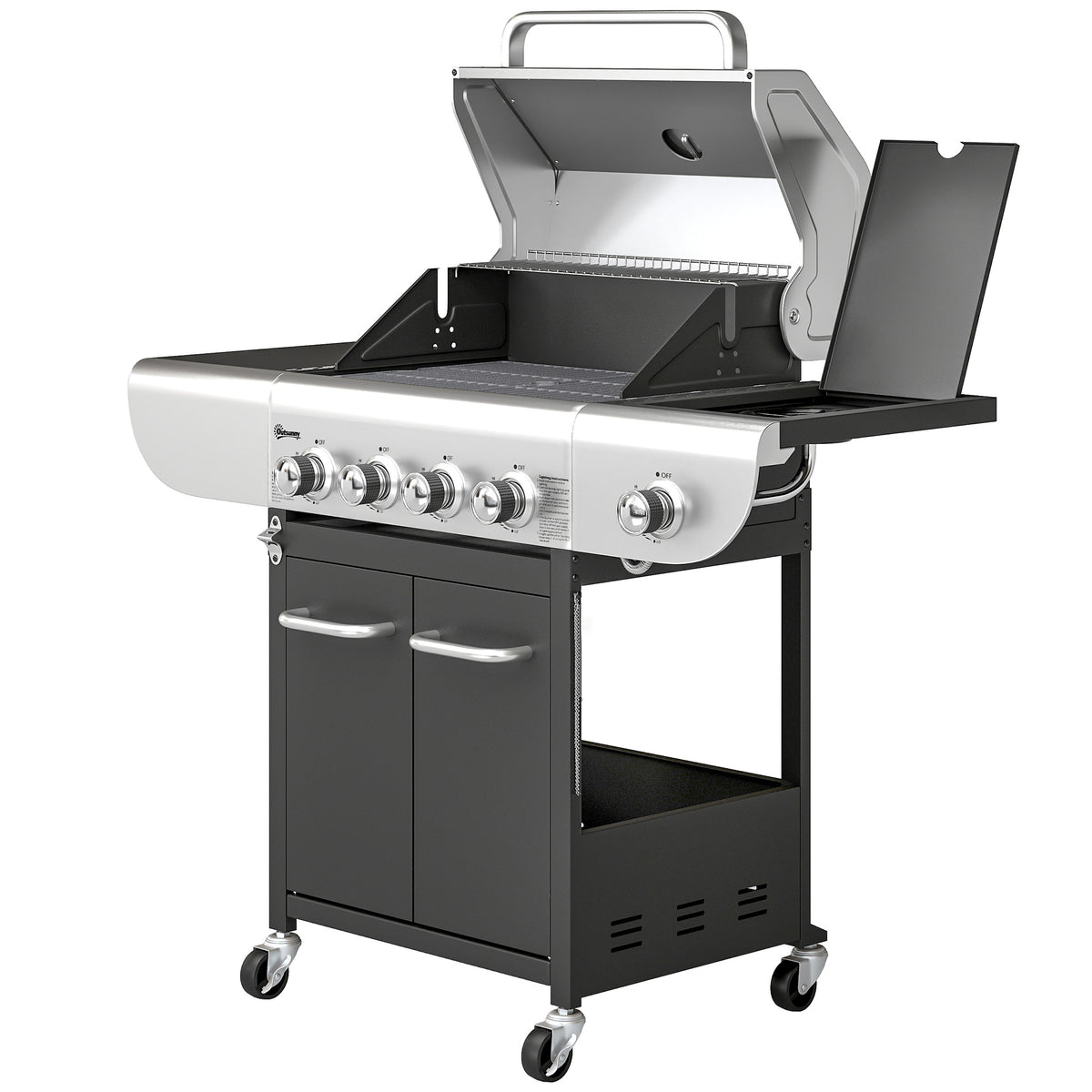 4 Burner Propane Gas Grill with Side Burner, 53,000 BTU BBQ Grill with Cast Iron Grates, Wheels, Warming Rack, Cabinet