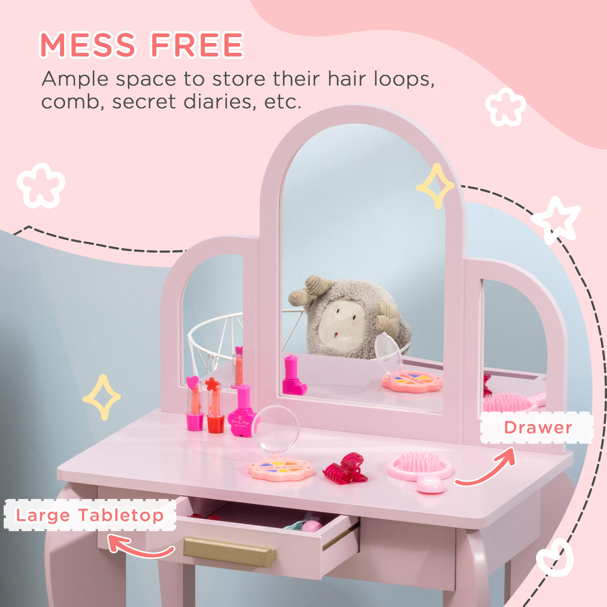 Qaba Kids Dressing Table and Chair Set, Girls Dressing Set, Makeup Desk with Drawer for 3-6 Years Old Kids