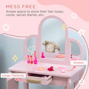 Qaba Kids Dressing Table and Chair Set, Girls Dressing Set, Makeup Desk with Drawer for 3-6 Years Old Kids