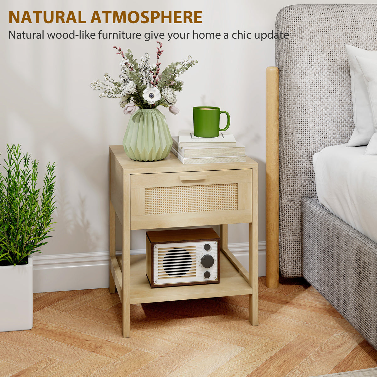 Narrow Nightstand with Rattan Elements, Bedside Table with Drawer and Storage Shelf for Bedroom, Natural – view 12