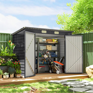 8 x 4FT Galvanized Garden Storage Shed, Metal Outdoor Shed with Double Doors and 2 Vents, Oak – view 21