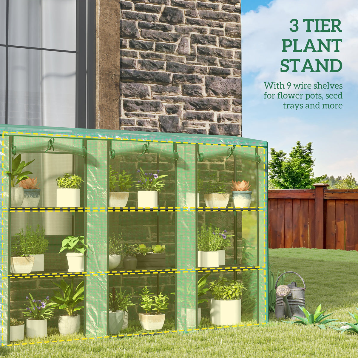 Lean-to Greenhouse with 3 Tier Shelves, Mini Greenhouse with 3 Roll-Up Doors for Indoor Outdoor, Green – view 4