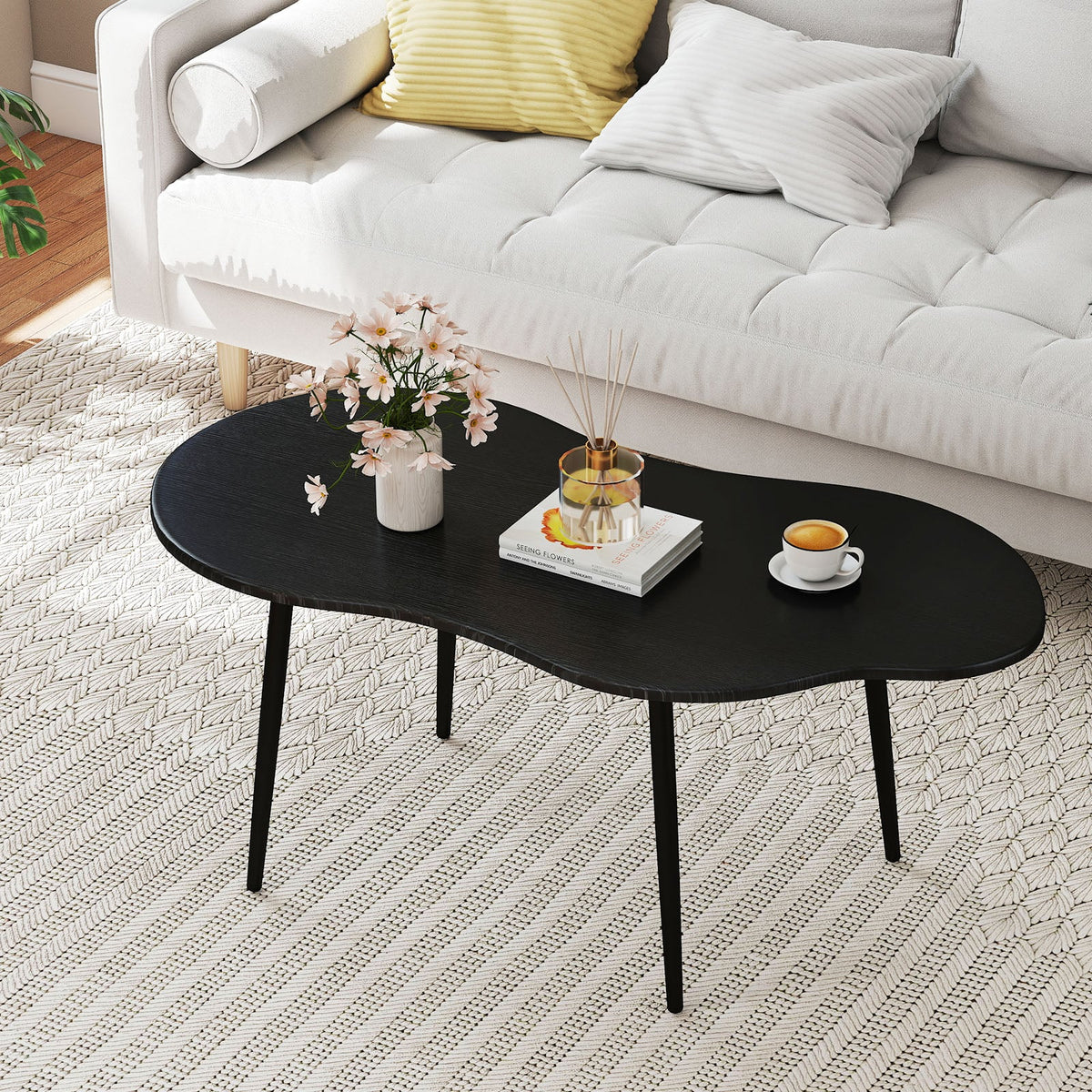 Cloud Shape Coffee Table 39.5 inch Irregular Center Table with Metal Frame-Black view 2