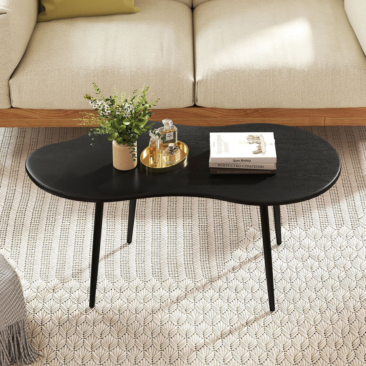 Cloud Shape Coffee Table 39.5 inch Irregular Center Table with Metal Frame-Black view 3