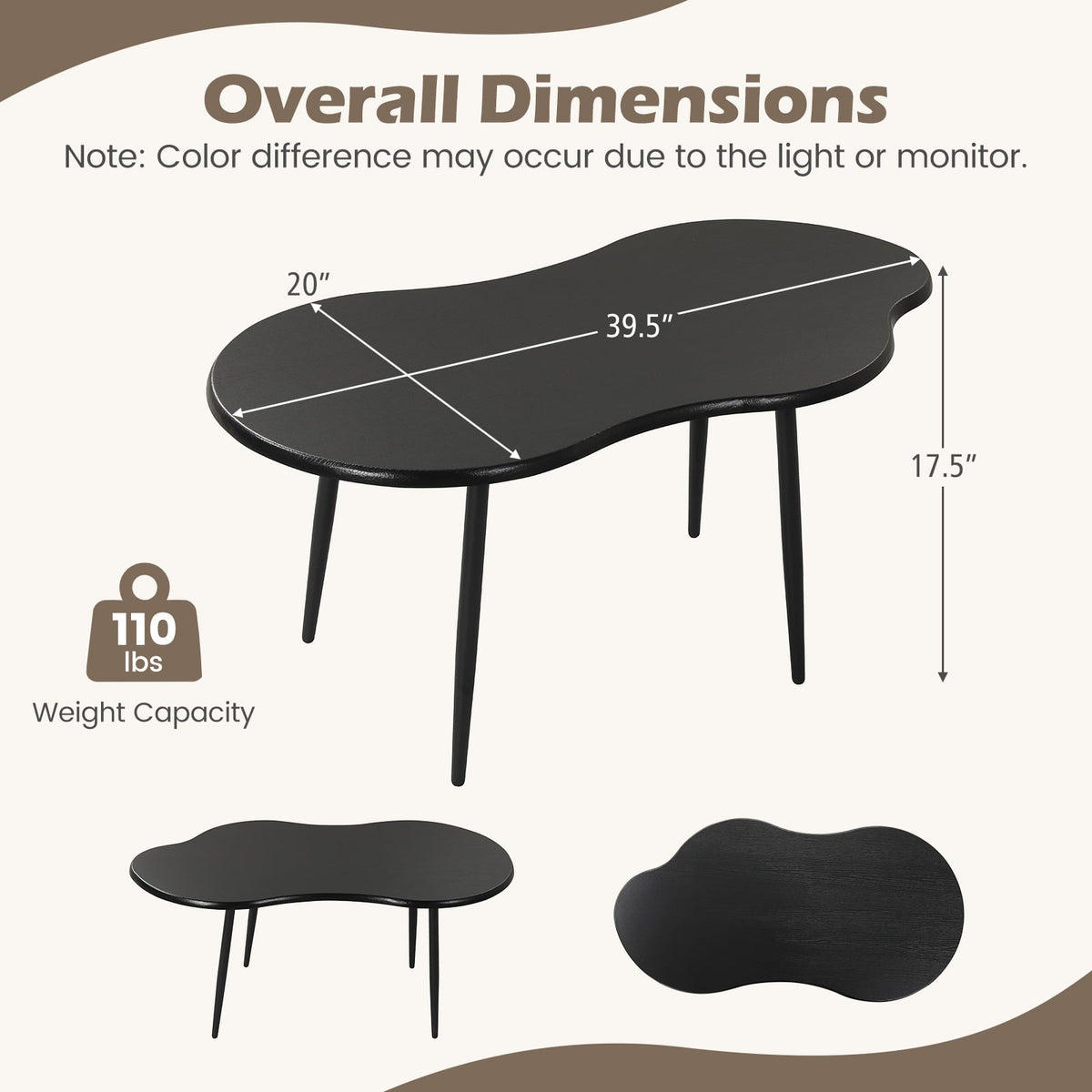 Cloud Shape Coffee Table 39.5 inch Irregular Center Table with Metal Frame-Black view 5
