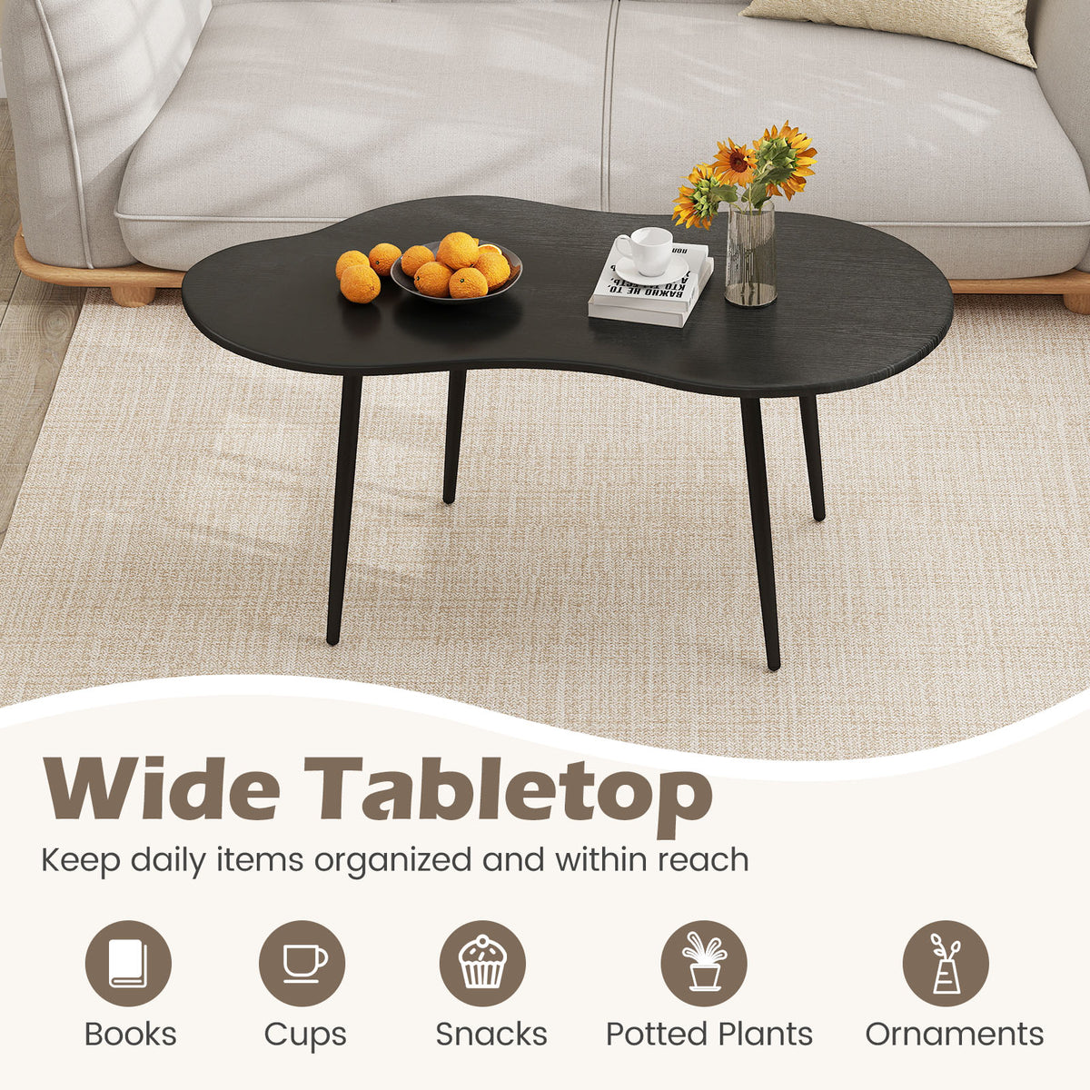 Cloud Shape Coffee Table 39.5 inch Irregular Center Table with Metal Frame-Black view 8