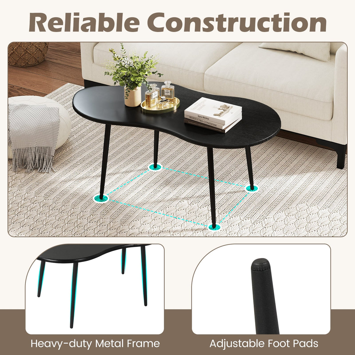 Cloud Shape Coffee Table 39.5 inch Irregular Center Table with Metal Frame-Black view 9