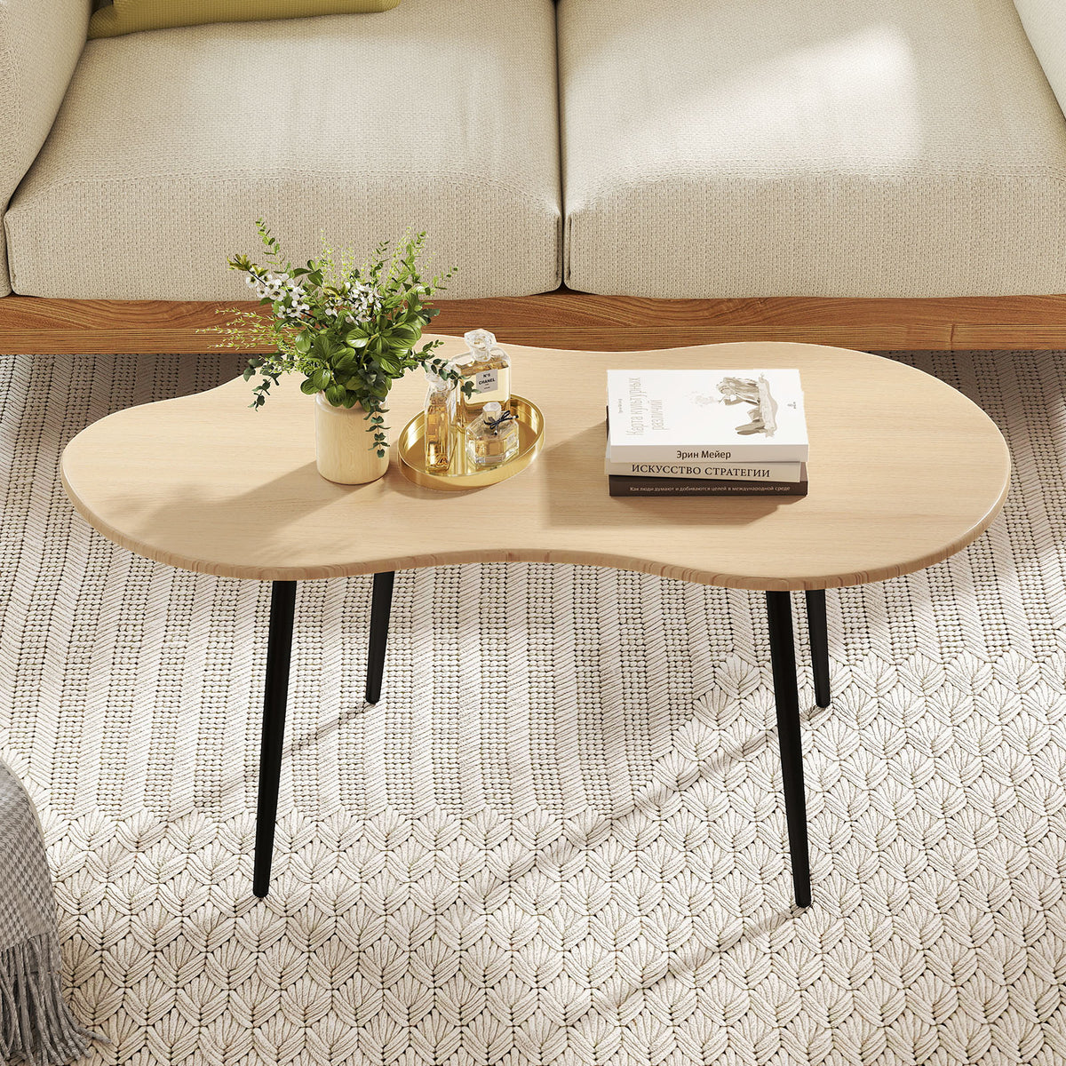 Cloud Shape Coffee Table 39.5 inch Irregular Center Table with Metal Frame-Natural view 3