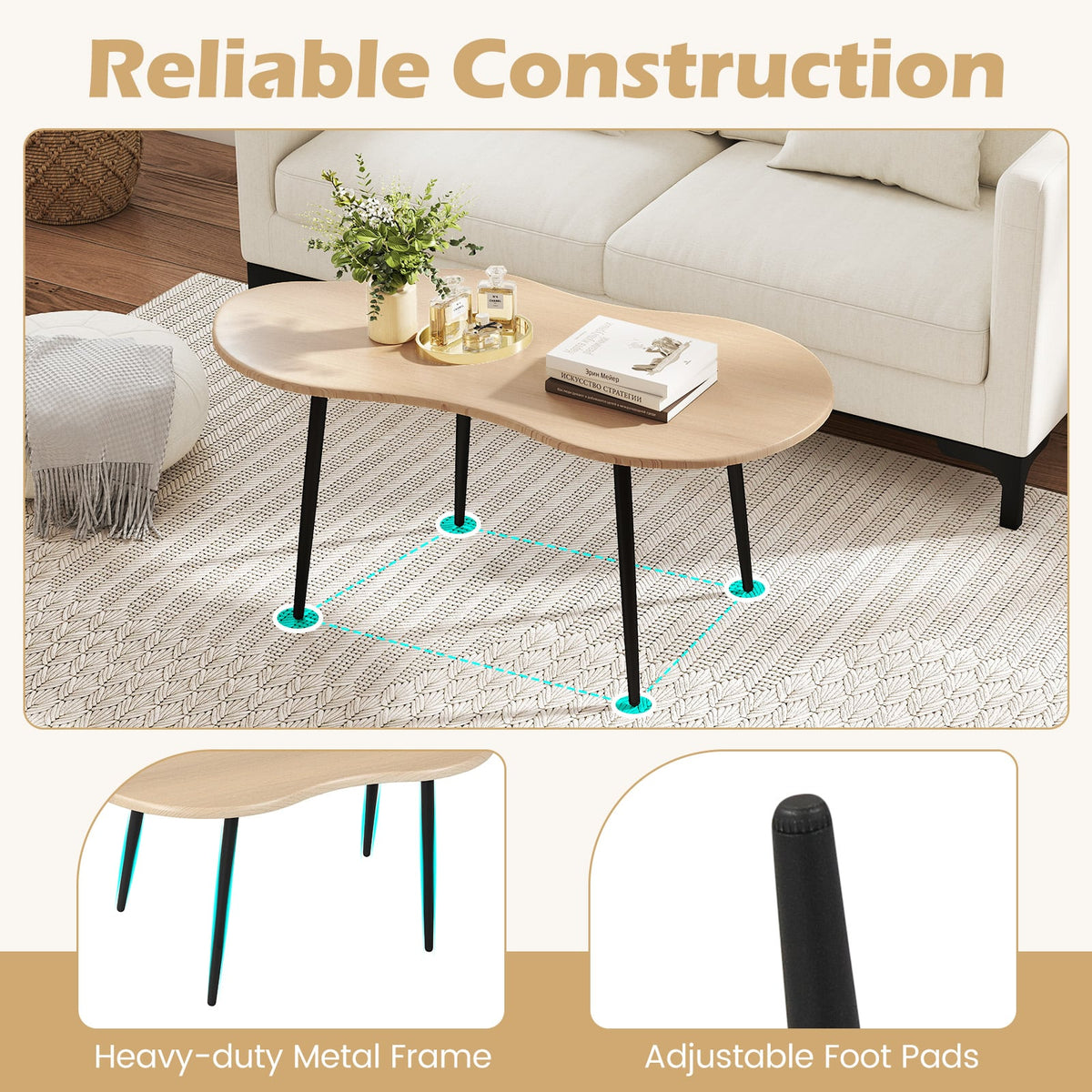 Cloud Shape Coffee Table 39.5 inch Irregular Center Table with Metal Frame-Natural view 9