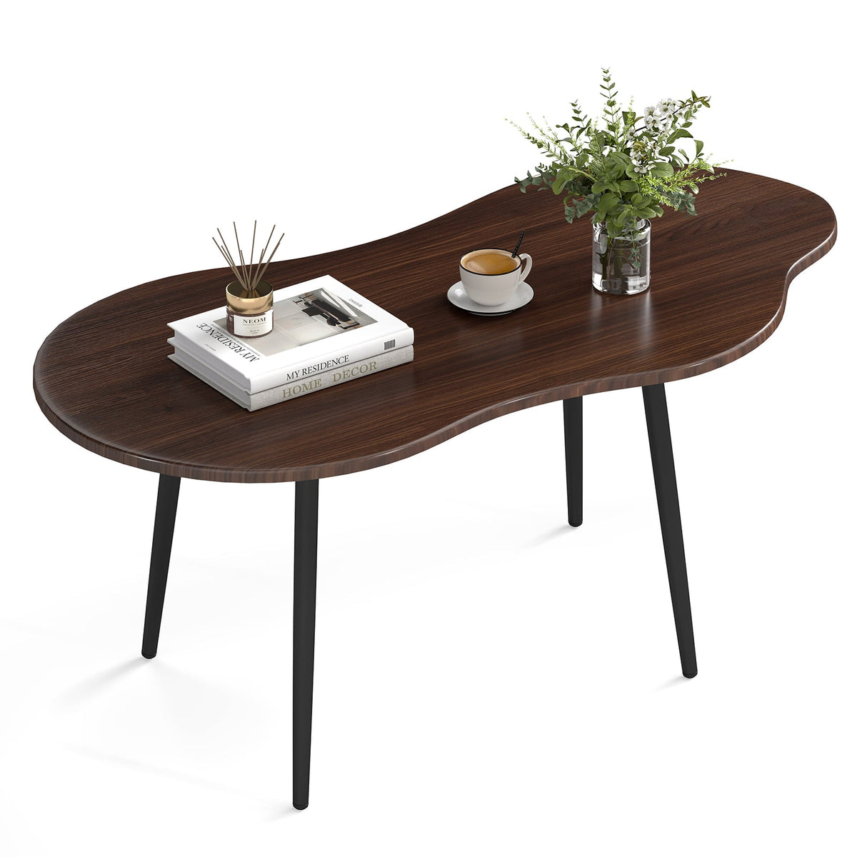 Cloud Shape Coffee Table 39.5 inch Irregular Center Table with Metal Frame-Walnut