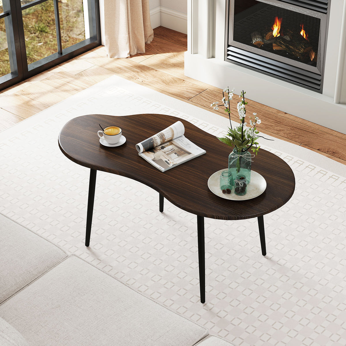 Cloud Shape Coffee Table 39.5 inch Irregular Center Table with Metal Frame-Walnut view 7
