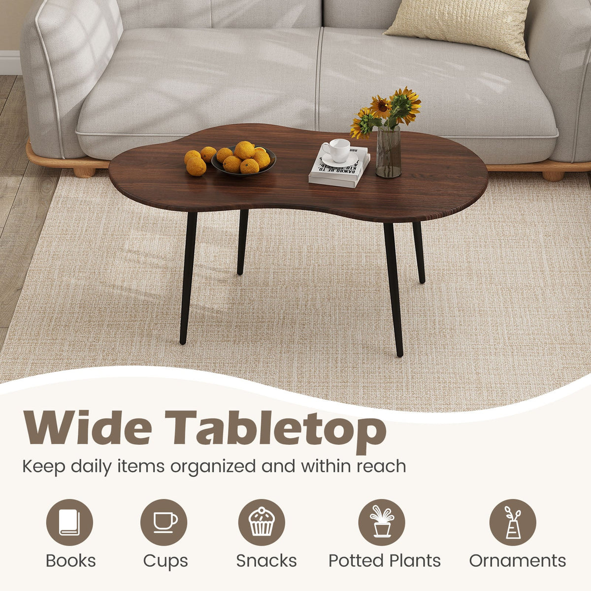 Cloud Shape Coffee Table 39.5 inch Irregular Center Table with Metal Frame-Walnut view 8