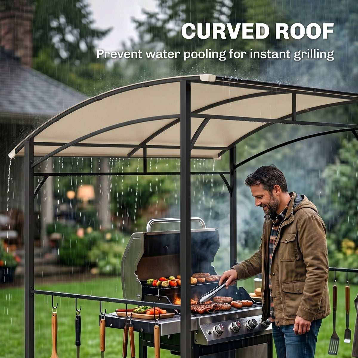 7' x 5' BBQ Grill Gazebo Tent, Garden Grill Canopy with Steel Frame and Hooks, Outdoor Sun Shade, Grey – view 20