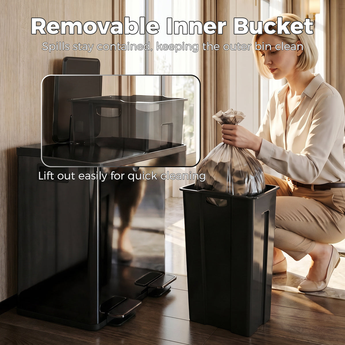 Garbage Bin, Soft-Close Trash Can with Foot Pedal, 2x5 Gal (2x20 L) Garbage Can with Removable Inner Buckets, Black