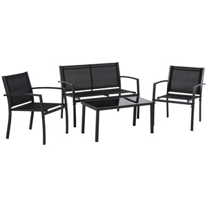 4-Piece Patio Furniture Set with Glass Top Coffee Table, Breathable Mesh Seat & Backrest for Garden, Balcony, Black