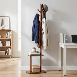 Coat Rack with 8 Rubber Wood Hooks and 2 Storage Shelves-Walnut view 2