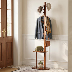 Coat Rack with 8 Rubber Wood Hooks and 2 Storage Shelves-Walnut view 3