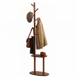 Coat Rack with 8 Rubber Wood Hooks and 2 Storage Shelves-Walnut view 4