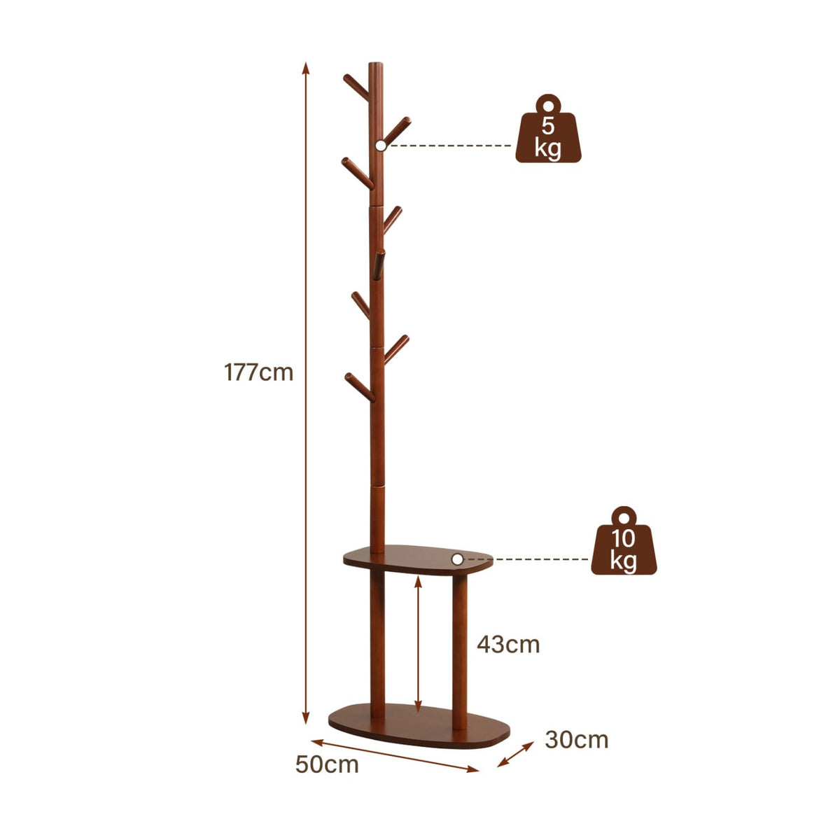 Coat Rack with 8 Rubber Wood Hooks and 2 Storage Shelves-Walnut view 5