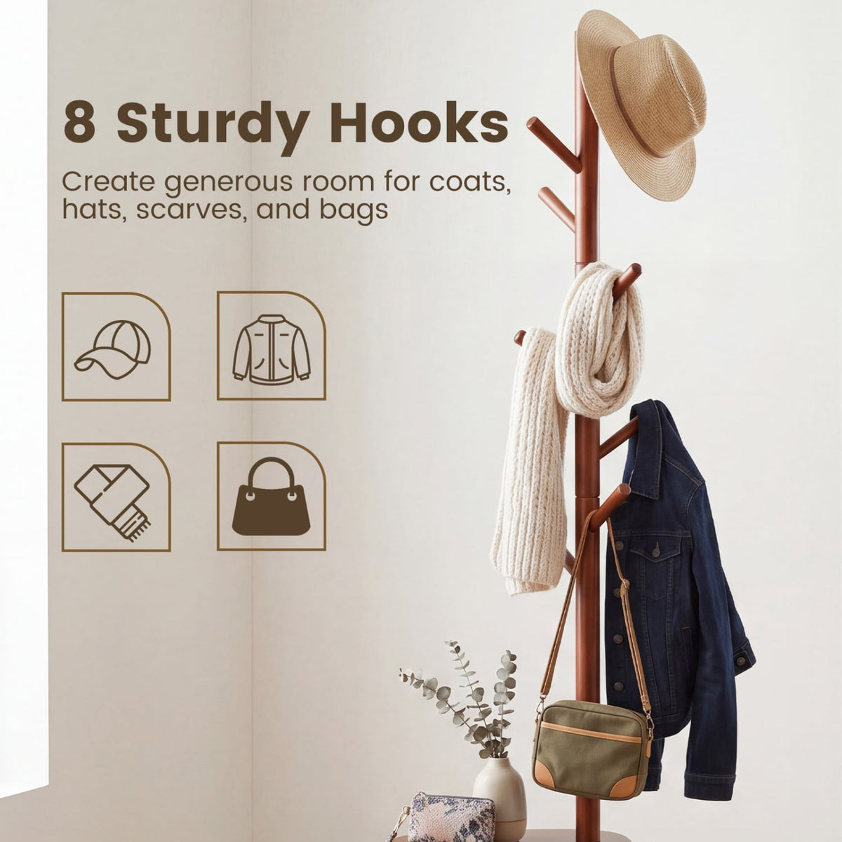 Coat Rack with 8 Rubber Wood Hooks and 2 Storage Shelves-Walnut view 6