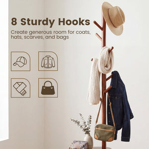 Coat Rack with 8 Rubber Wood Hooks and 2 Storage Shelves-Walnut view 6
