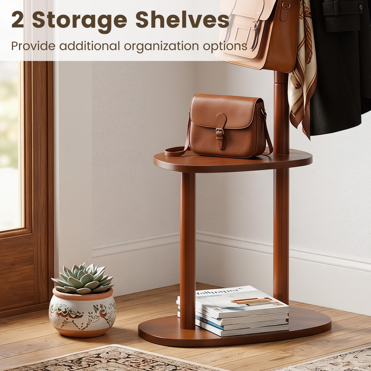 Coat Rack with 8 Rubber Wood Hooks and 2 Storage Shelves-Walnut view 7