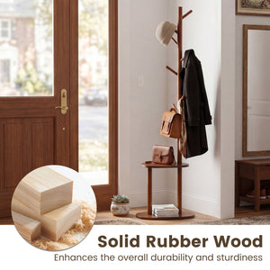 Coat Rack with 8 Rubber Wood Hooks and 2 Storage Shelves-Walnut view 8