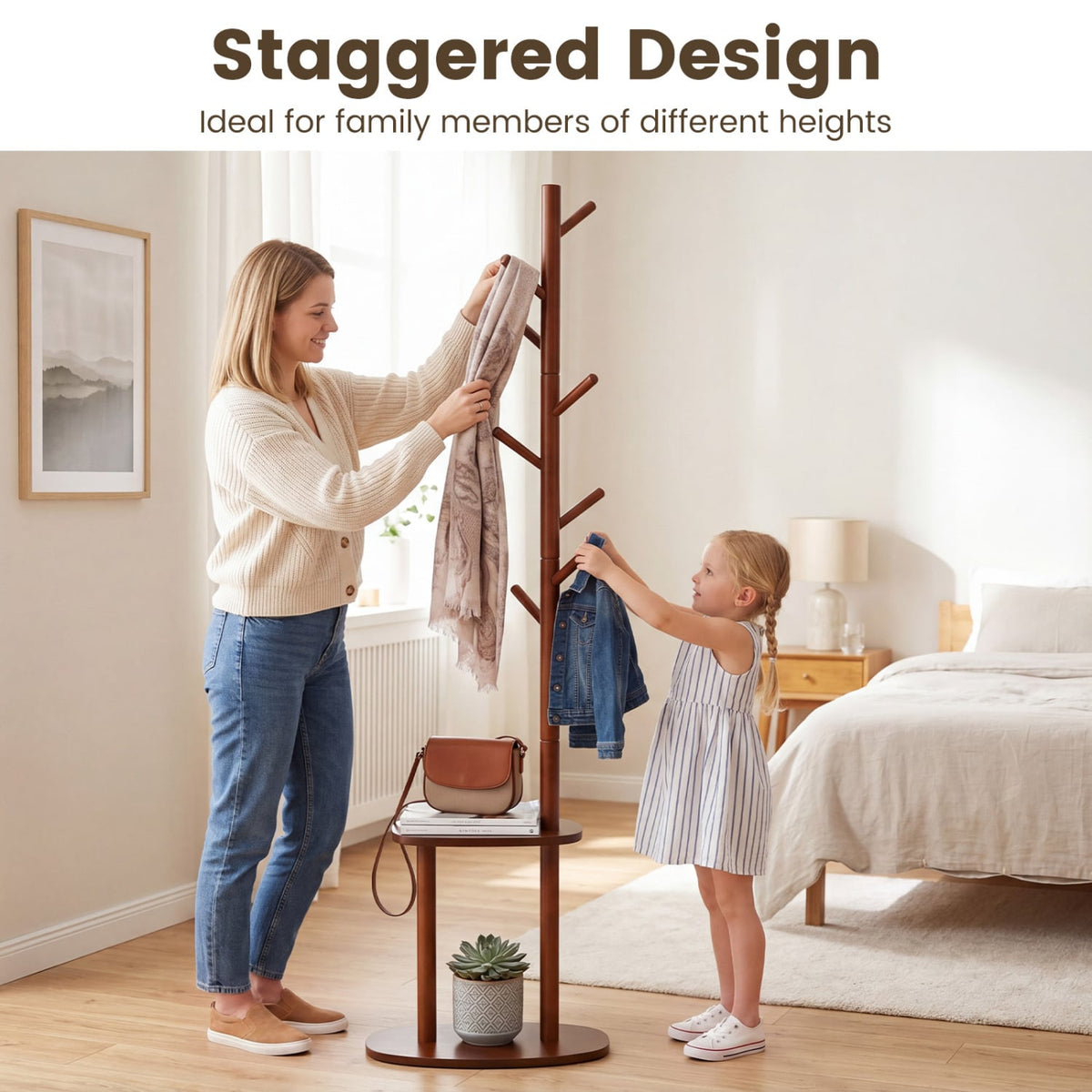 Coat Rack with 8 Rubber Wood Hooks and 2 Storage Shelves-Walnut view 9
