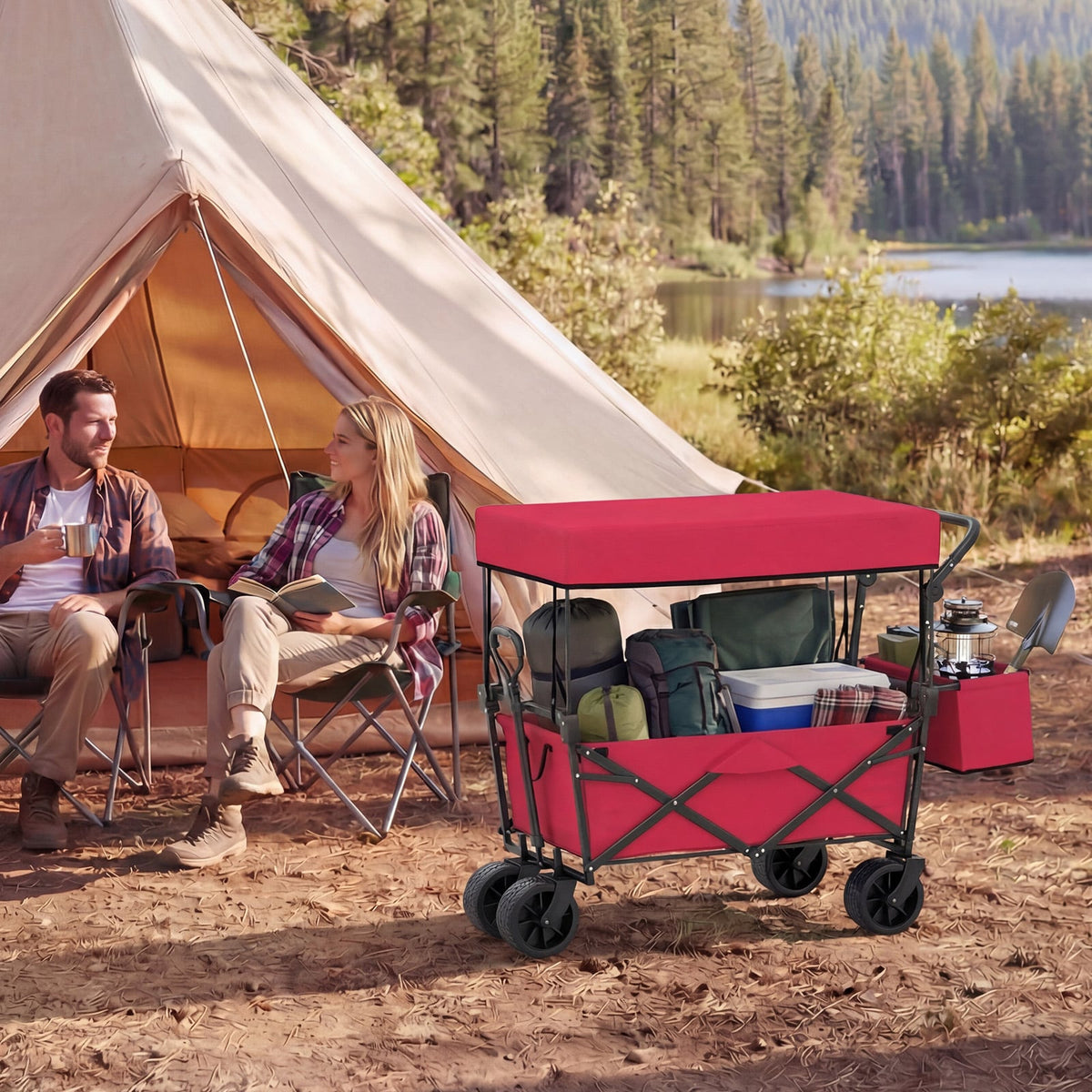 Collapsible Wagon with Removable Canopy and Detachable Storage Bag-Red view 2