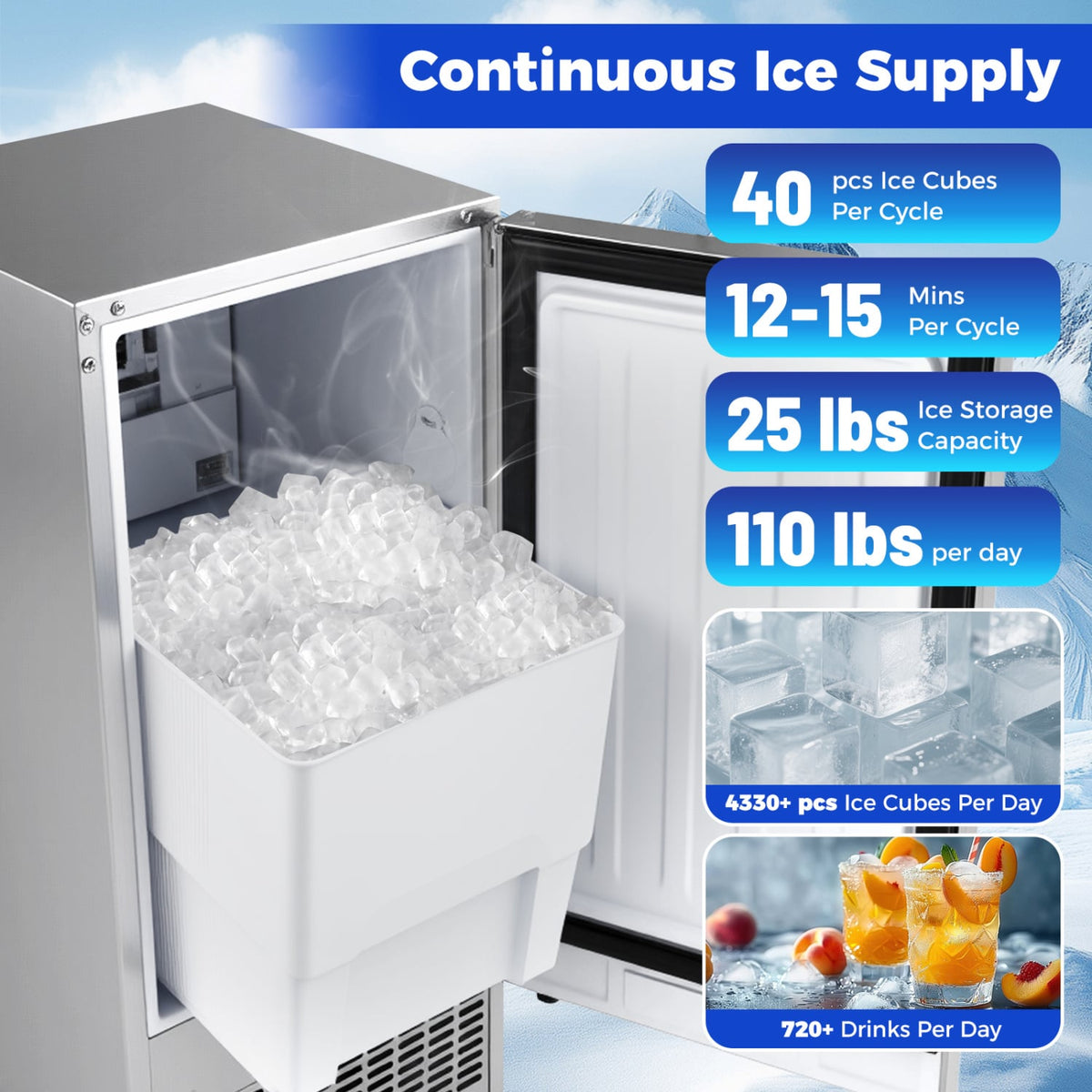 Commercial Ice Maker with 25 lbs Storage Capacity for Home Bar Cafe view 3