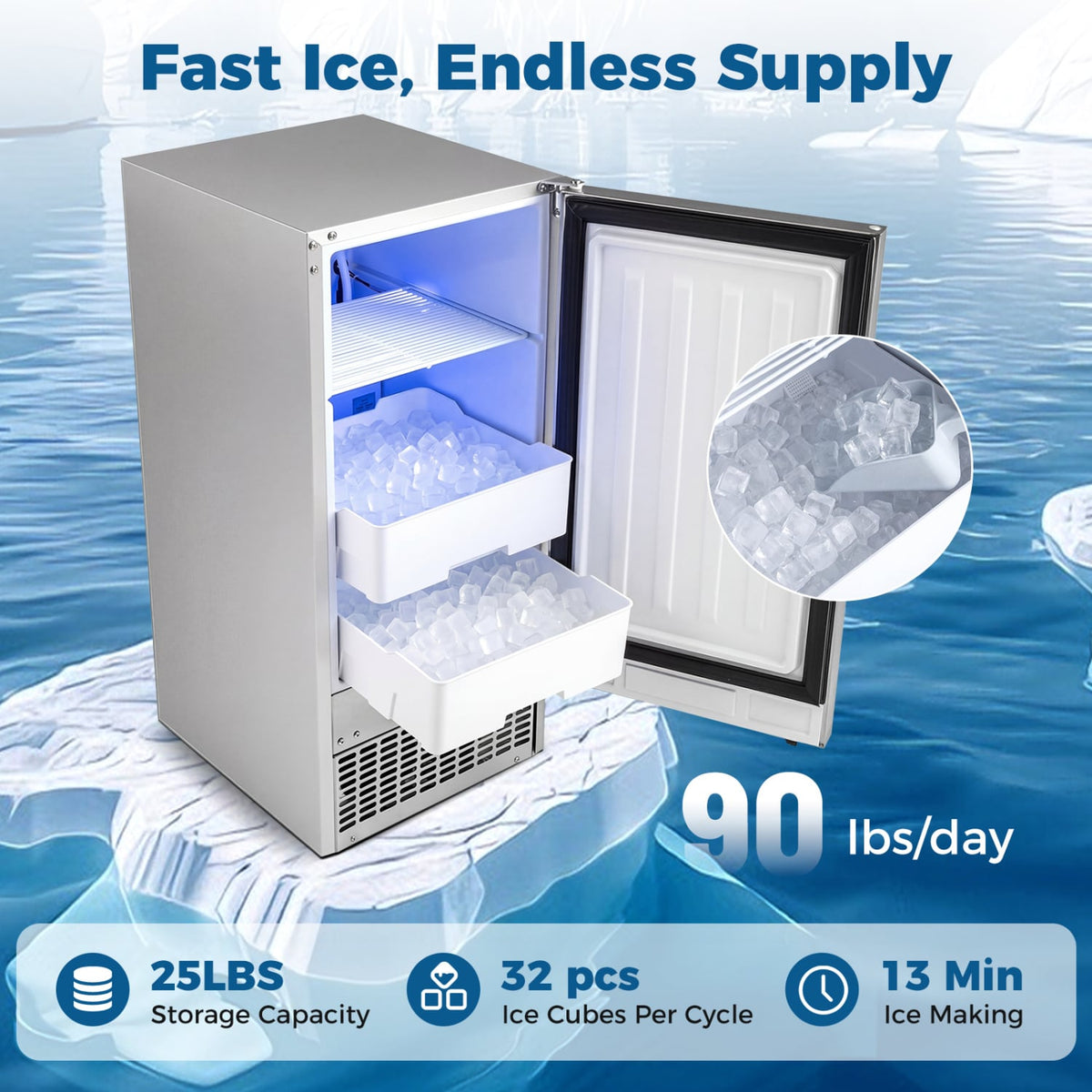 Commercial Under Counter Ice Maker 90 lbs/Day 15 Inch W Built-in view 4
