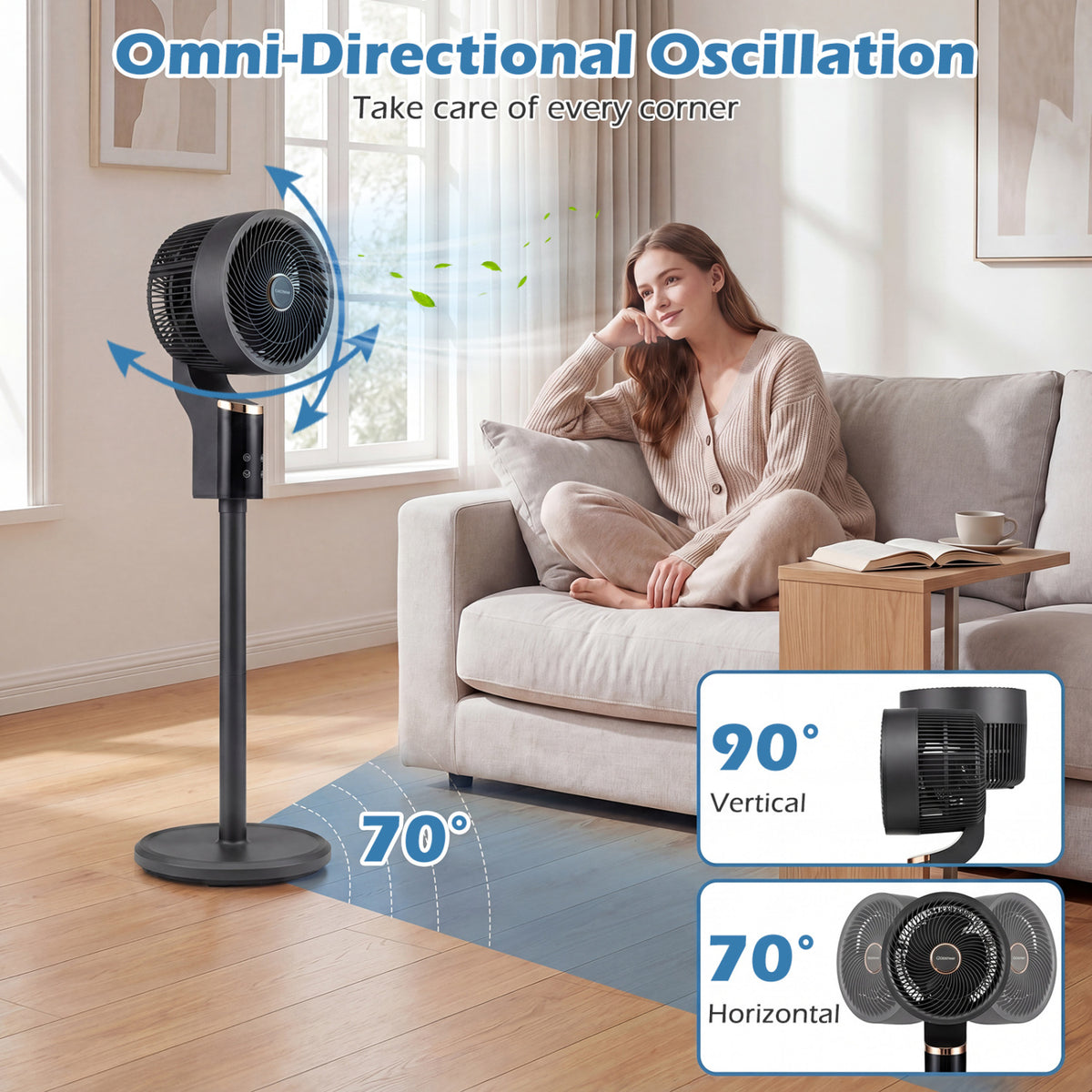 Compact Oscillating Standing Fan with 70° Oscillation and 90° Tilt for Home Office-Black view 6