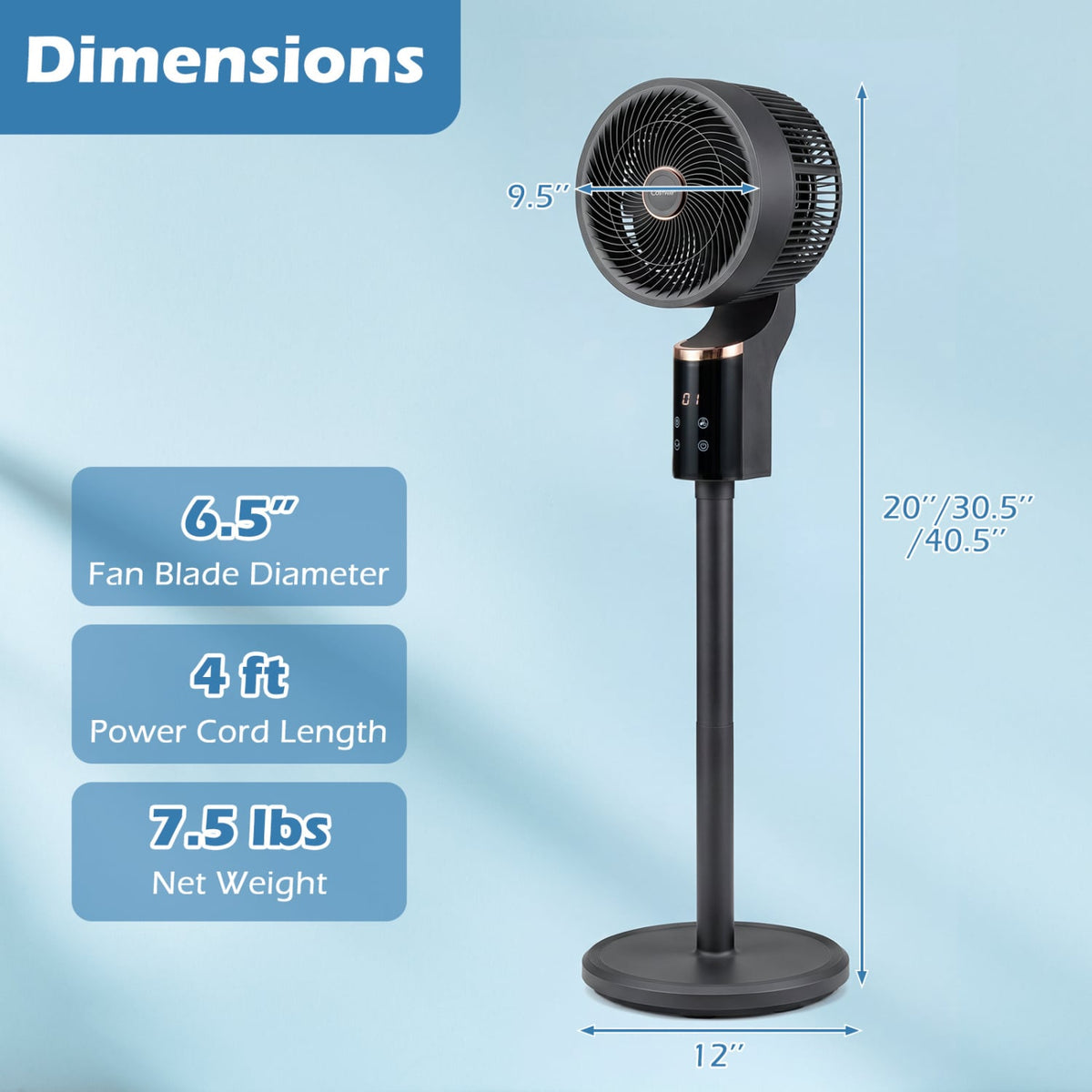 Compact Oscillating Standing Fan with 70° Oscillation and 90° Tilt for Home Office-Black view 3