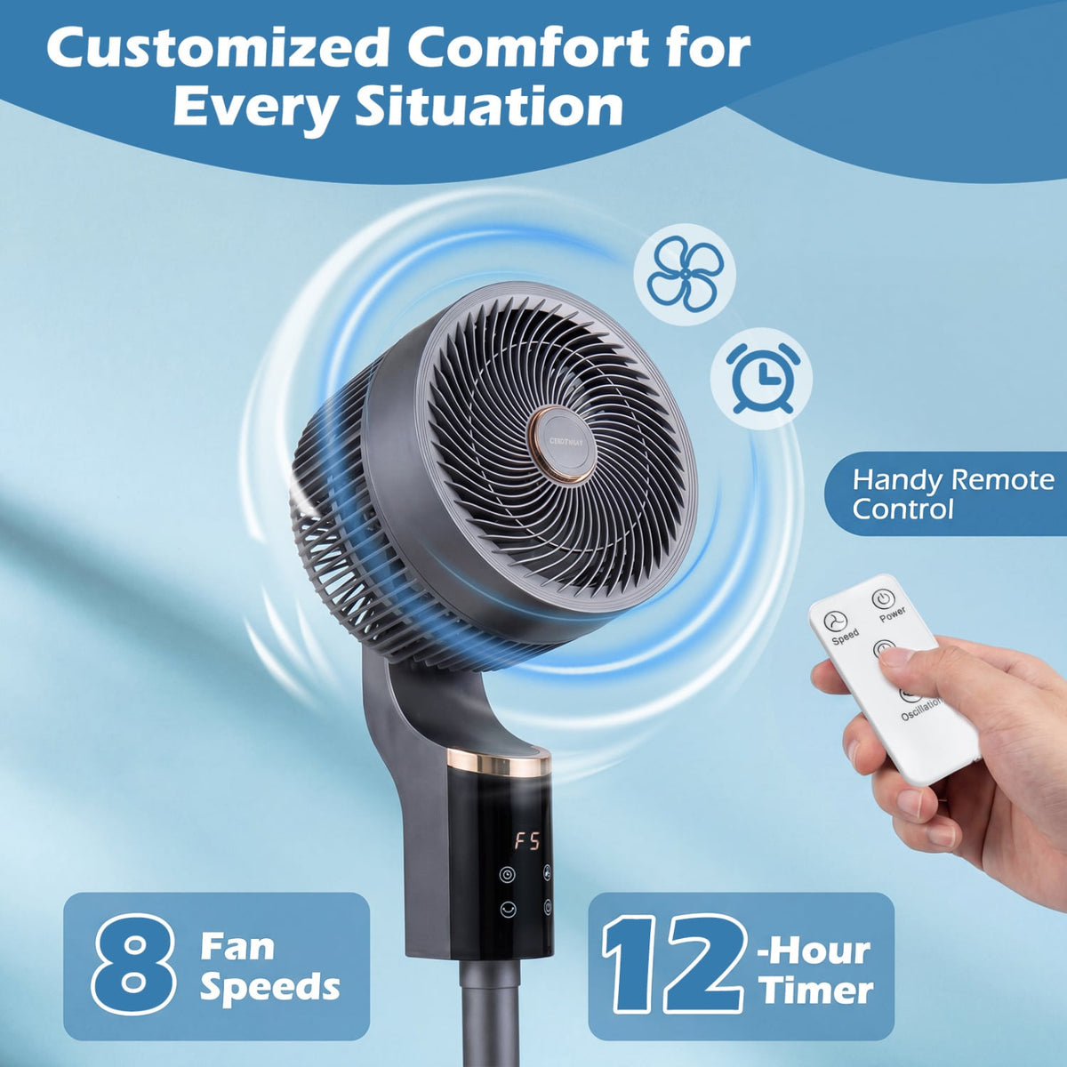 Compact Oscillating Standing Fan with 70° Oscillation and 90° Tilt for Home Office-Gray view 4