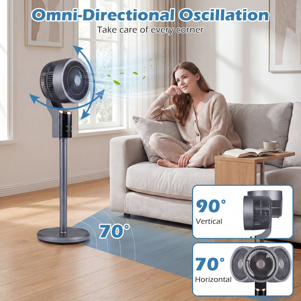 Compact Oscillating Standing Fan with 70° Oscillation and 90° Tilt for Home Office-Gray view 6