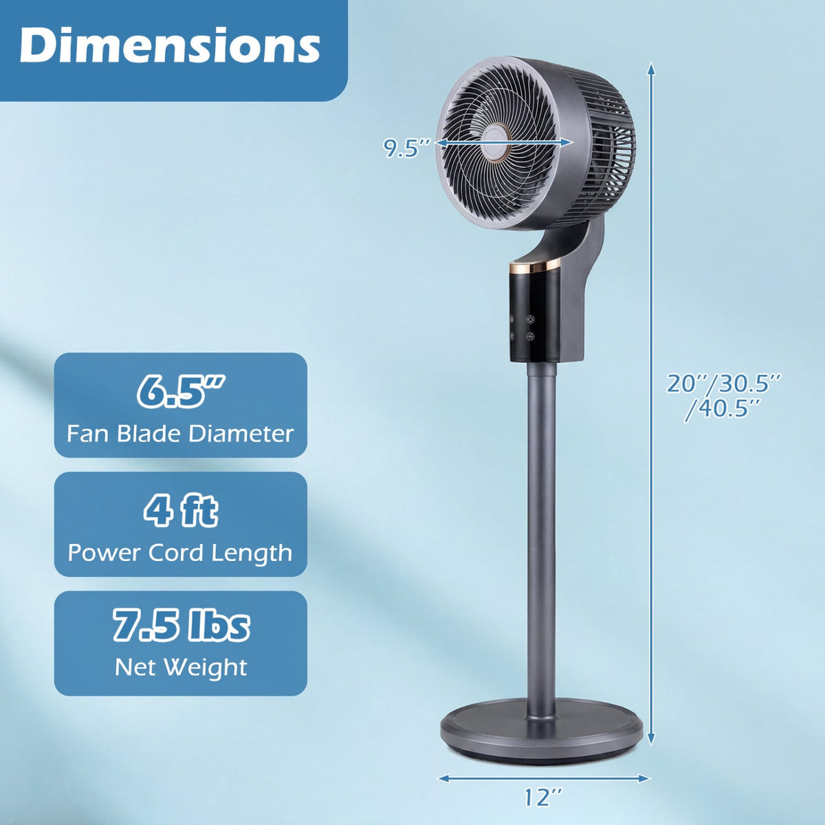 Compact Oscillating Standing Fan with 70° Oscillation and 90° Tilt for Home Office-Gray view 3