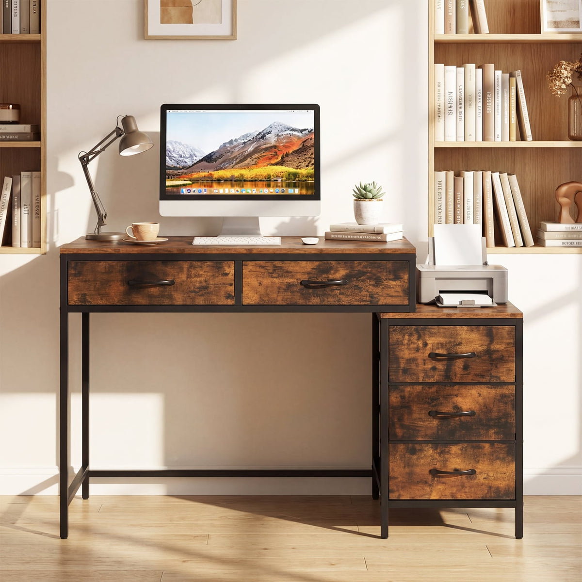 Computer Desk with 5 Drawers and Printer Stand for Bedroom and Small Spaces-Rustic Brown view 2