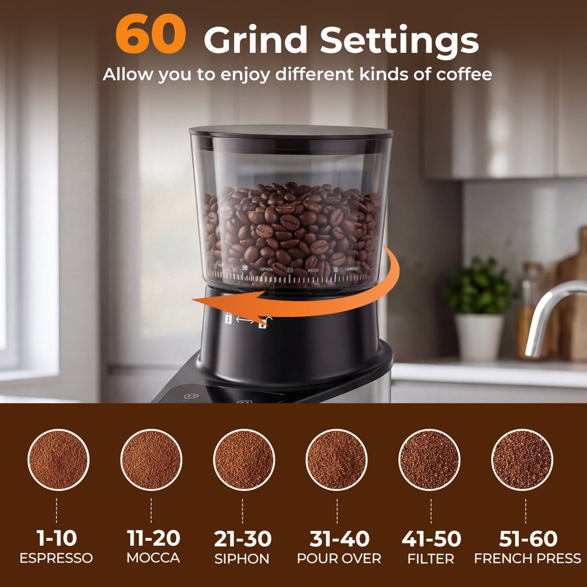 Conical Burr Coffee Grinder with 60 Precise Grinding Settings and Digital Display-Silver view 5