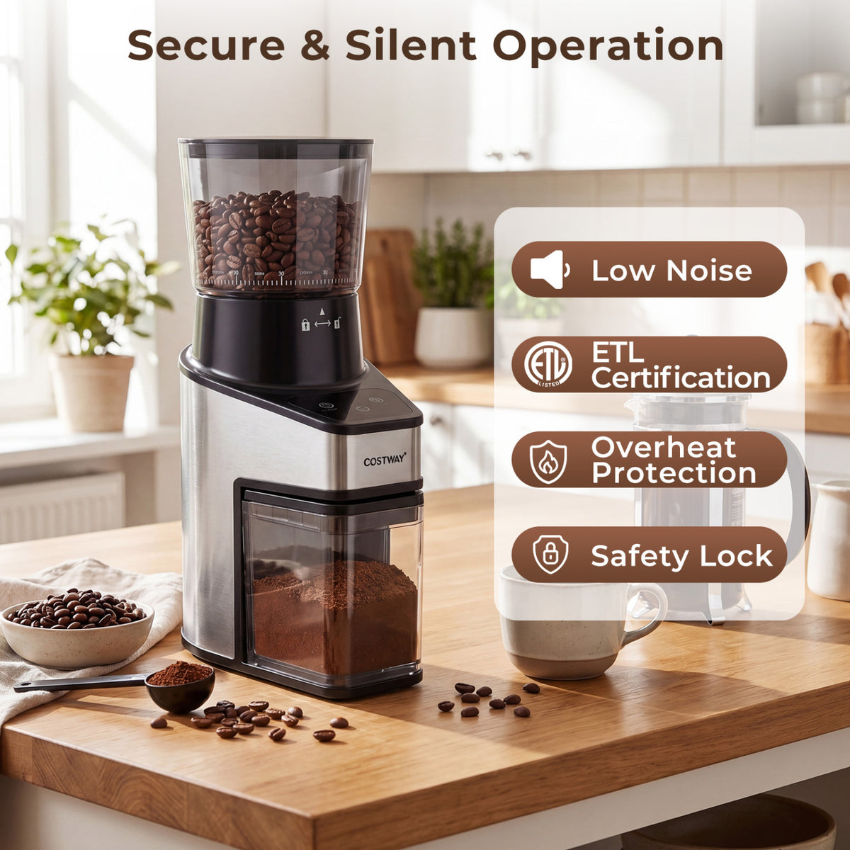 Conical Burr Coffee Grinder with 60 Precise Grinding Settings and Digital Display-Silver view 9