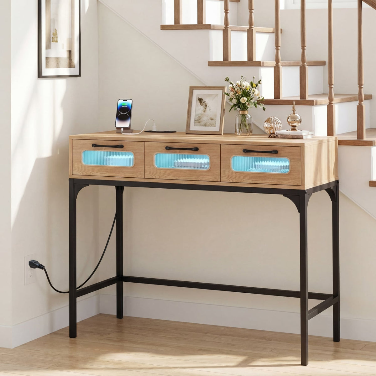 Console Table with LED Lighting and Charging Station for Living Room and Hallway-Natural view 2
