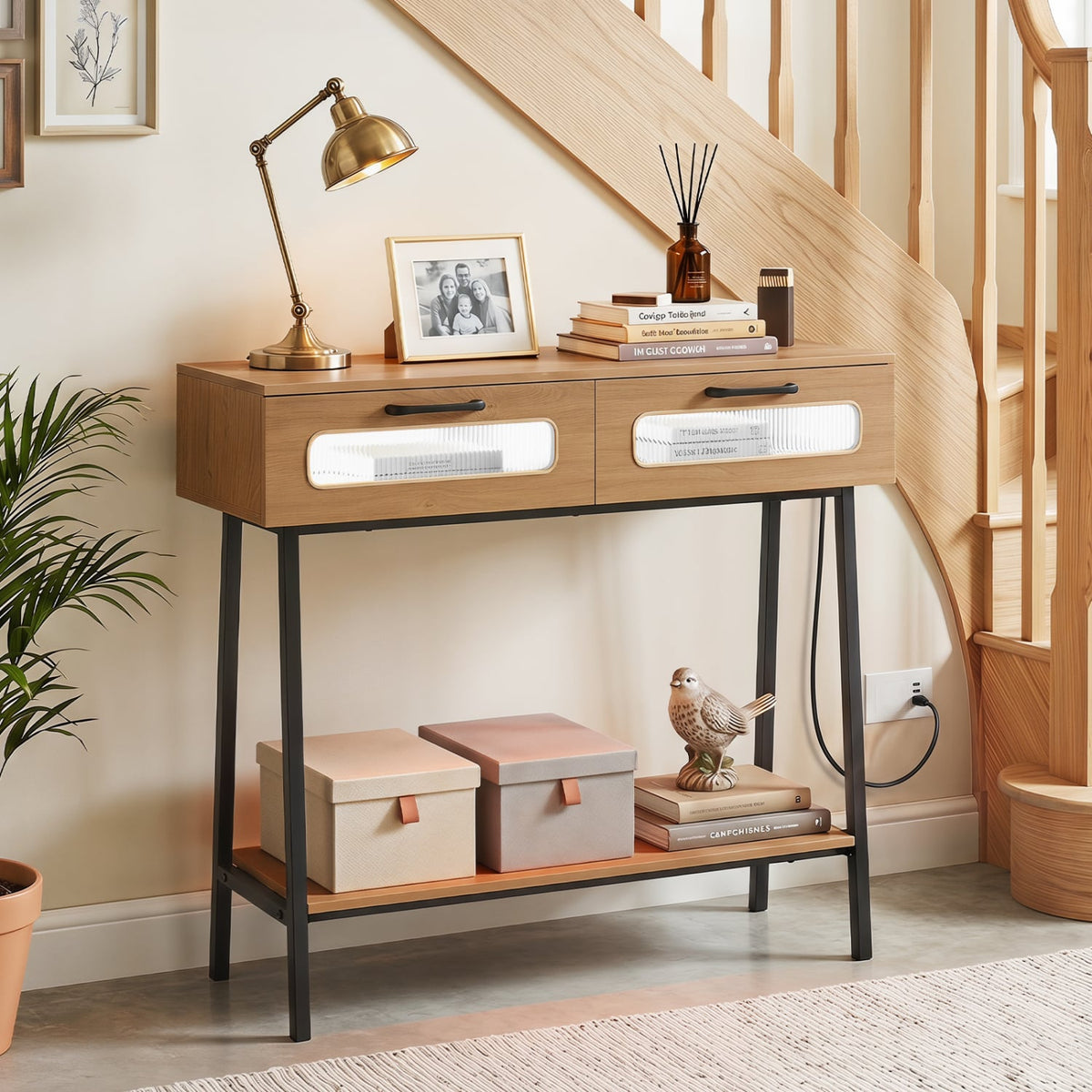 Console Table with LED Lights and Open Shelf for Hallway Entrance-Natural view 2