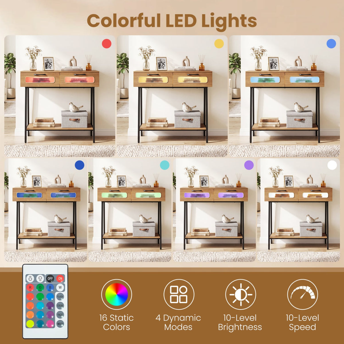 Console Table with LED Lights and Open Shelf for Hallway Entrance-Natural view 6