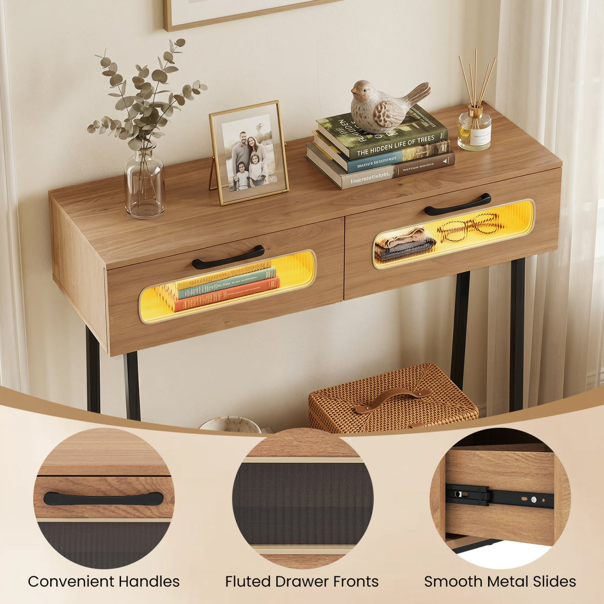 Console Table with LED Lights and Open Shelf for Hallway Entrance-Natural view 9