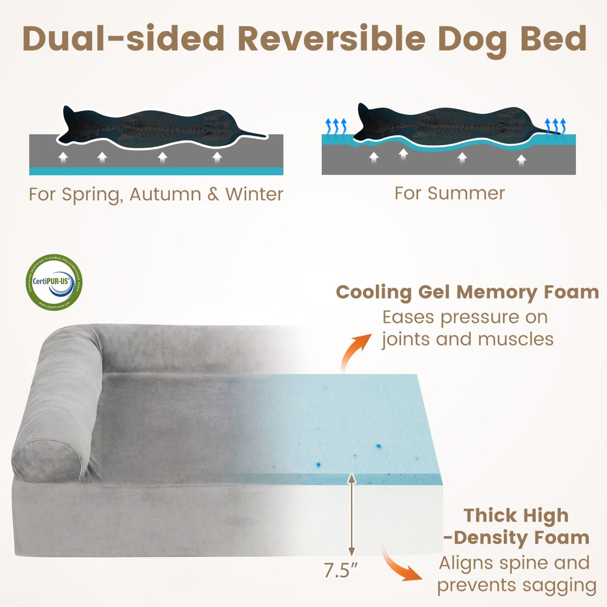 Cooling Gel Memory Foam Dog Bed for Medium Dogs with Washable Cover-Light Gray view 7