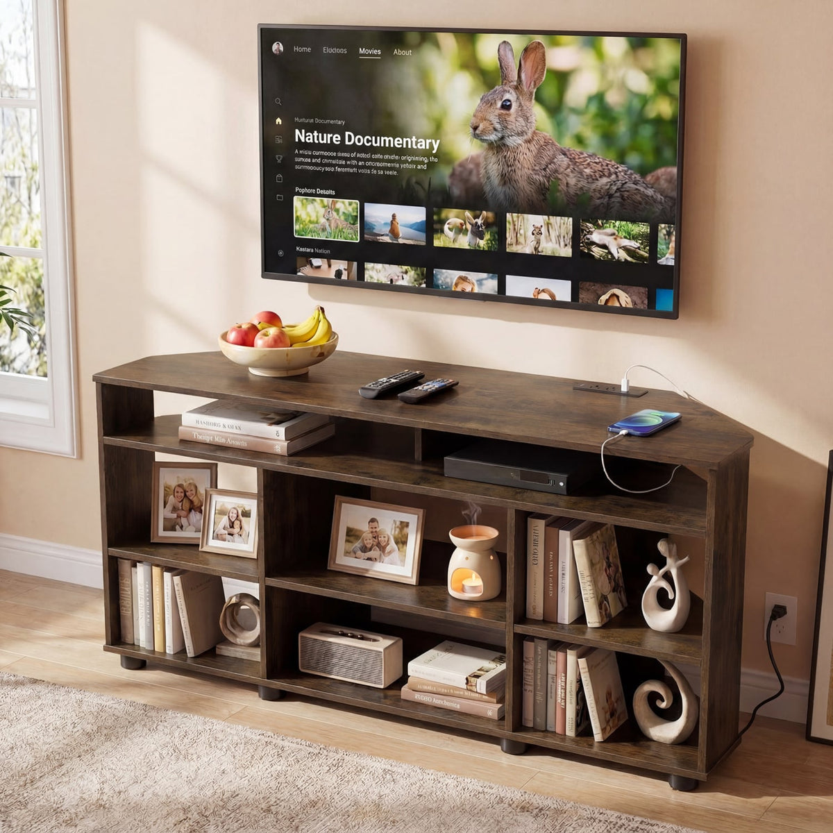 Corner Entertainment Center TV Stand for TVs up to 55 Inch-Rustic Brown view 3