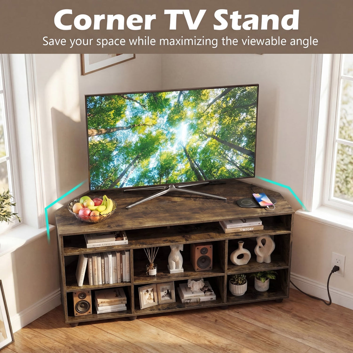 Corner Entertainment Center TV Stand for TVs up to 55 Inch-Rustic Brown view 8